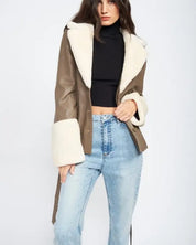 Belted Faux Shearing Trimmed Jacket