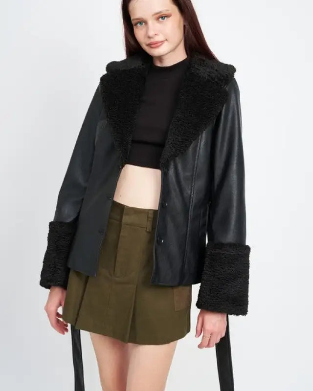 Belted Faux Shearing Trimmed Jacket