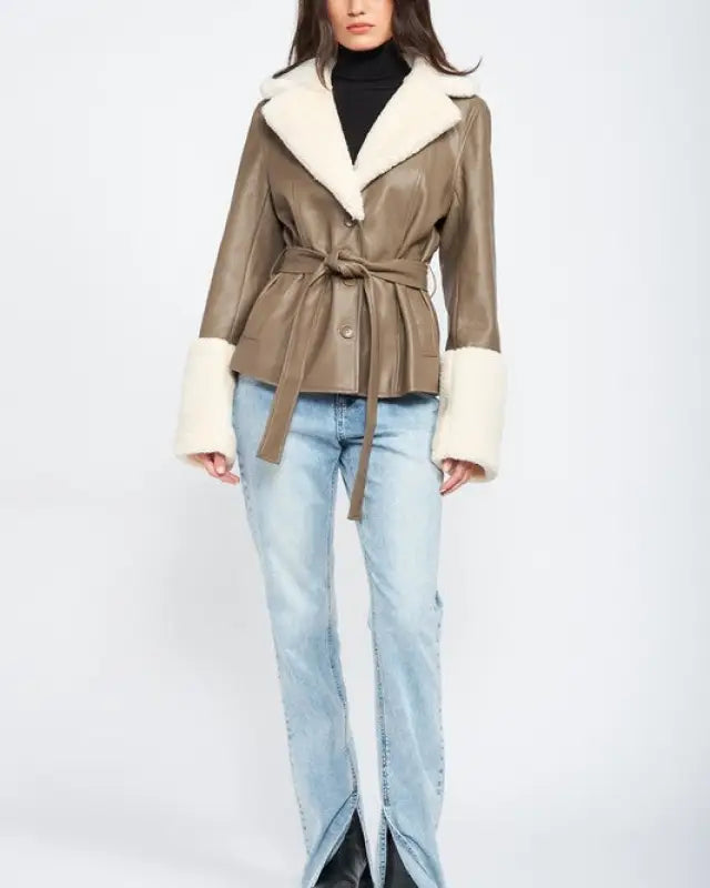 Belted Faux Shearing Trimmed Jacket