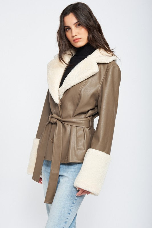 Belted Faux Shearing Trimmed Jacket