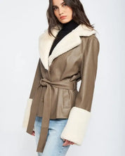 Belted Faux Shearing Trimmed Jacket