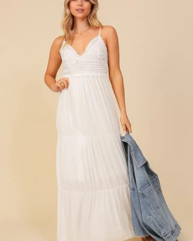 Boho Lace Top Maxi Dress - White / S - Dresses