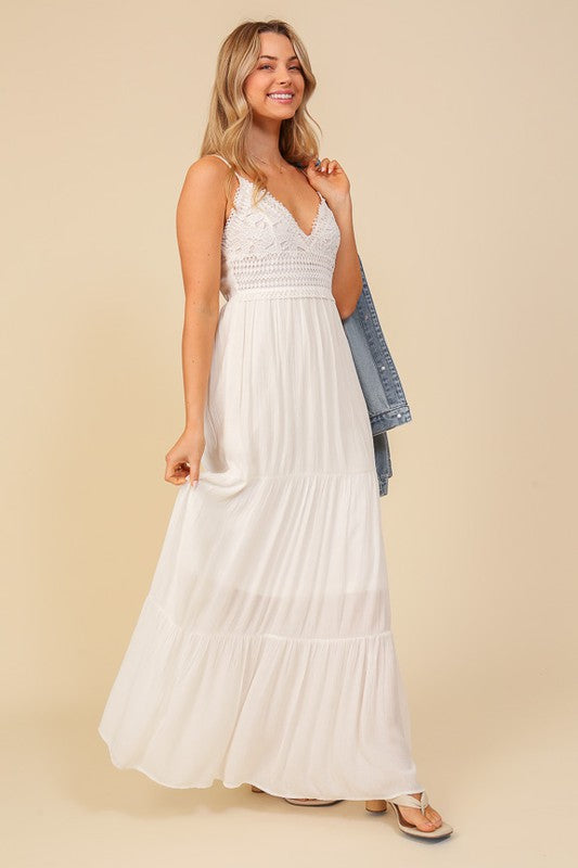 Boho Lace Top Maxi Dress - White / S - Dresses