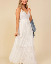 Boho Lace Top Maxi Dress - White / S - Dresses