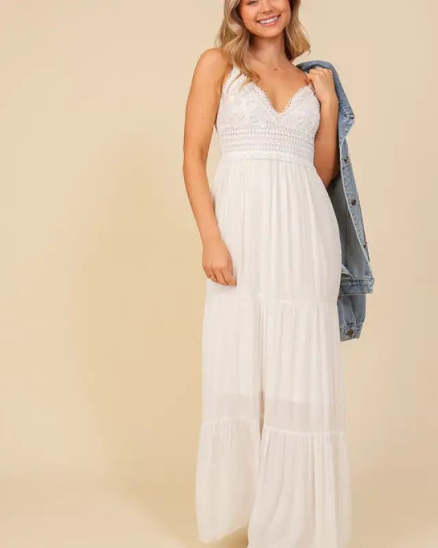 Boho Lace Top Maxi Dress - White / S - Dresses