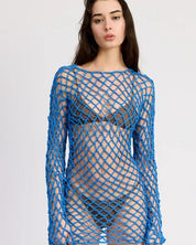 BOLD CROCHET MINI DRESS WITH OPEN BACK - BLUE / S