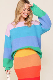 Bold Rainbow Stripe Oversized Chunky Knit Pullover - Blue Combo / M