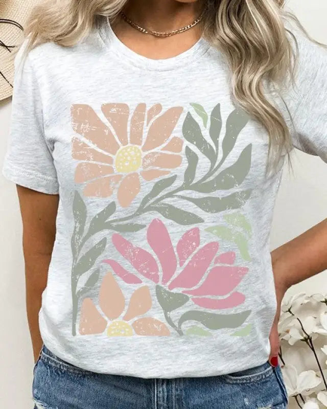 Botanical Pink Daisy Floral Graphic T Shirts - Ash / S