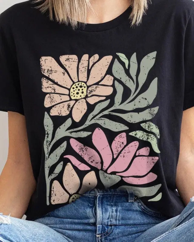 Botanical Pink Daisy Floral Graphic T Shirts - Black / S