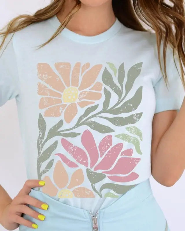 Botanical Pink Daisy Floral Graphic T Shirts - Ice Blue / S