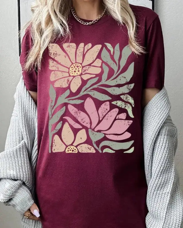 Botanical Pink Daisy Floral Graphic T Shirts - Maroon / S