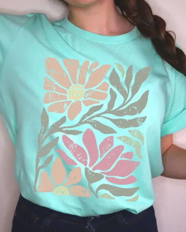 Botanical Pink Daisy Floral Graphic T Shirts - Mint / S