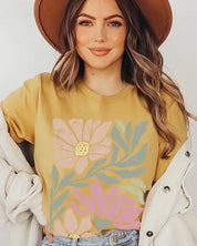 Botanical Pink Daisy Floral Graphic T Shirts - Mustard / S