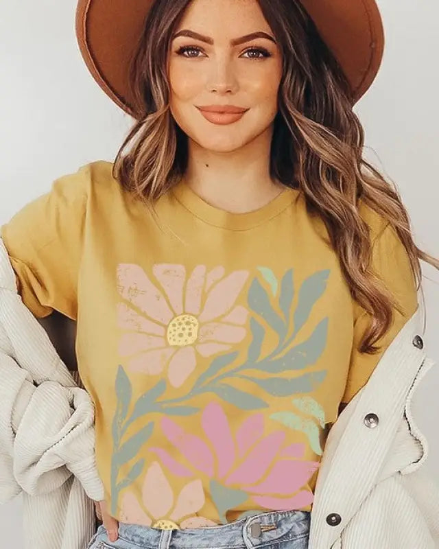 Botanical Pink Daisy Floral Graphic T Shirts - Mustard / S