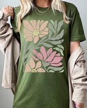 Botanical Pink Daisy Floral Graphic T Shirts - Olive / S