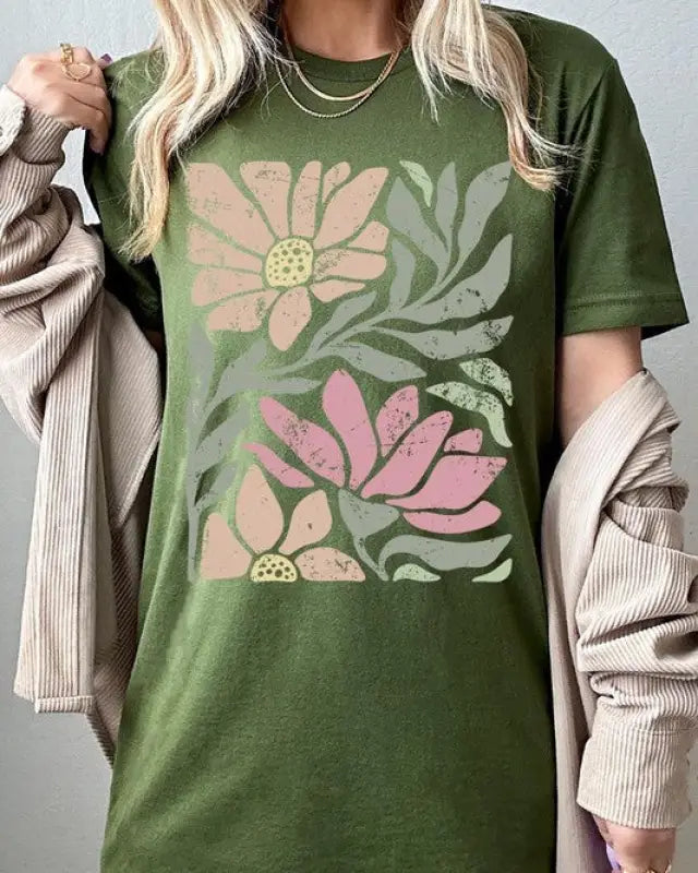 Botanical Pink Daisy Floral Graphic T Shirts - Olive / S