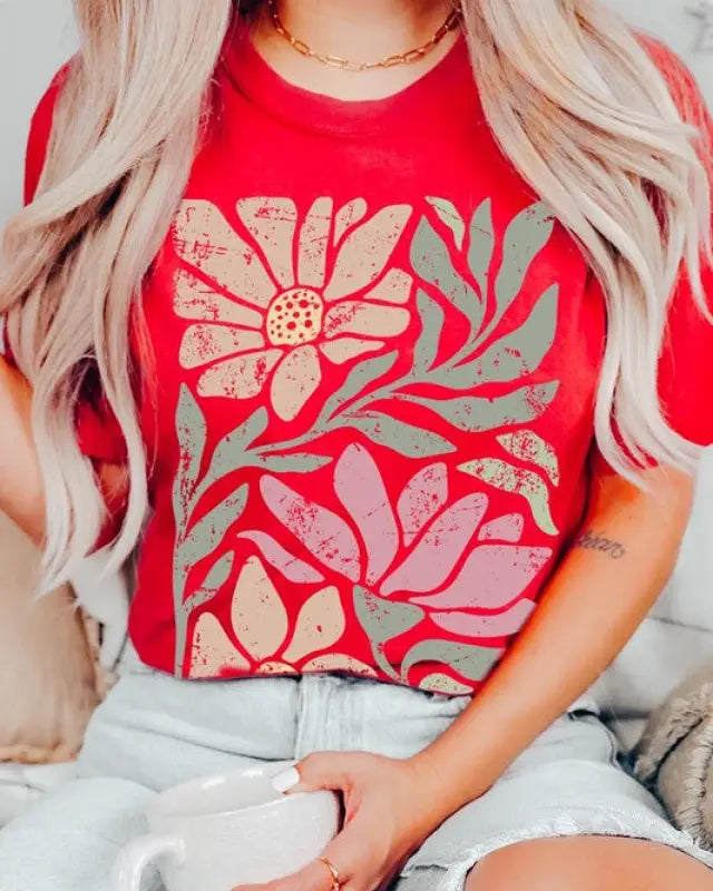 Botanical Pink Daisy Floral Graphic T Shirts - Red / S