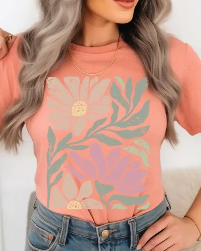 Botanical Pink Daisy Floral Graphic T Shirts - Sunset / S