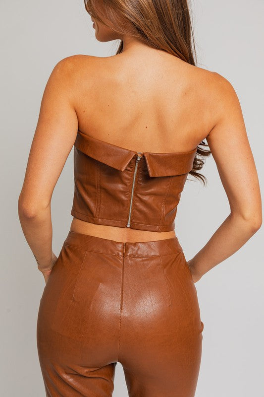 Brown Faux Leather Corset Tube Top