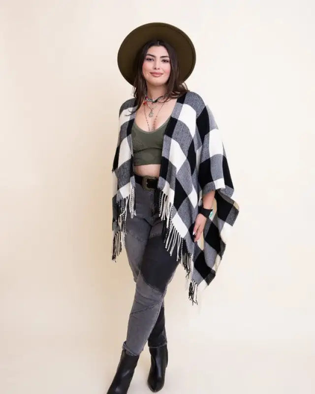 Buffalo Check Tassel Poncho