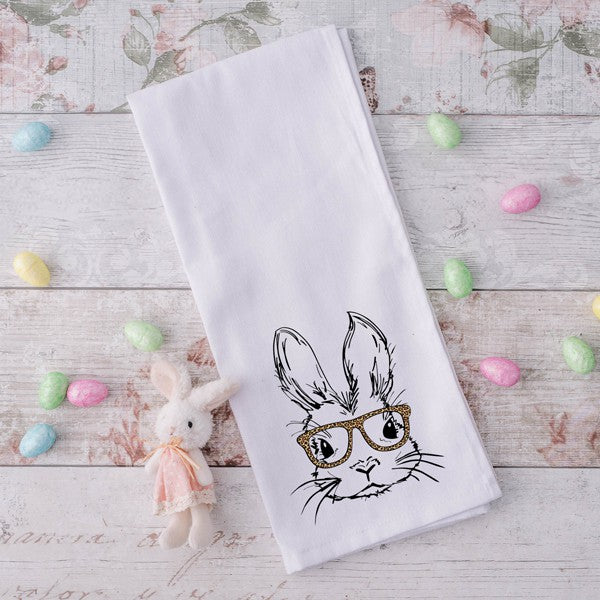 Bunny With Leopard Glasses Tea Towel - White / 16x26