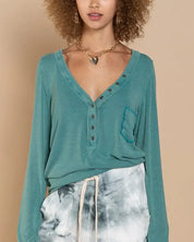 Button-Front Long Sleeve Top