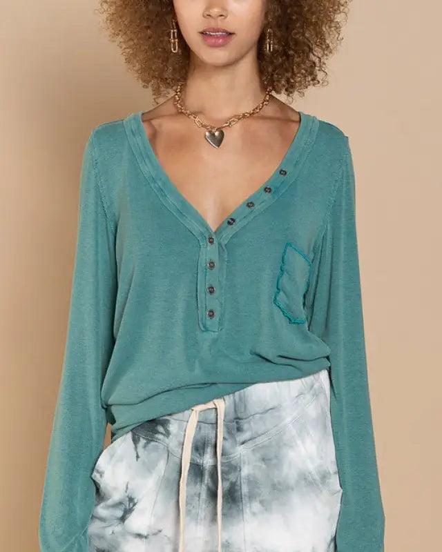 Button-Front Long Sleeve Top