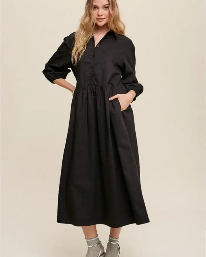 Button Front Puff Sleeve Babydoll Maxi Dress