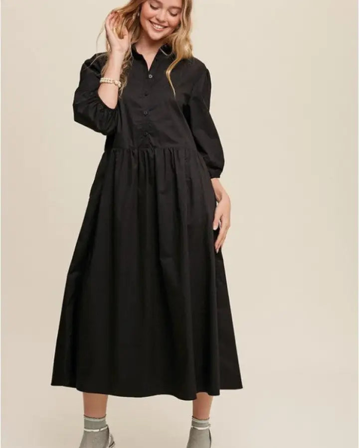 Button Front Puff Sleeve Babydoll Maxi Dress