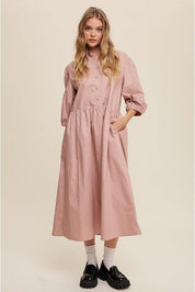 Button Front Puff Sleeve Babydoll Maxi Dress