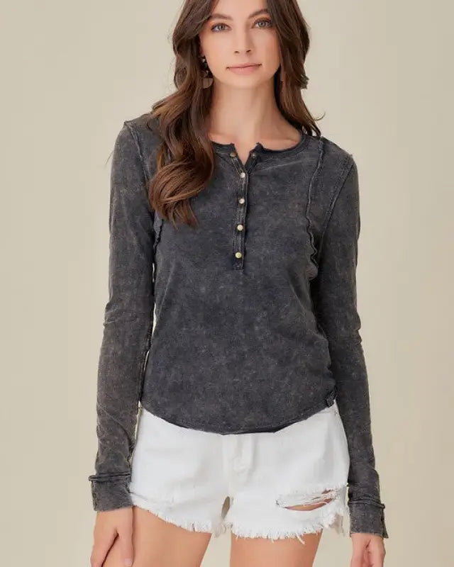 Button-Up Front Raw Edge Detail Top