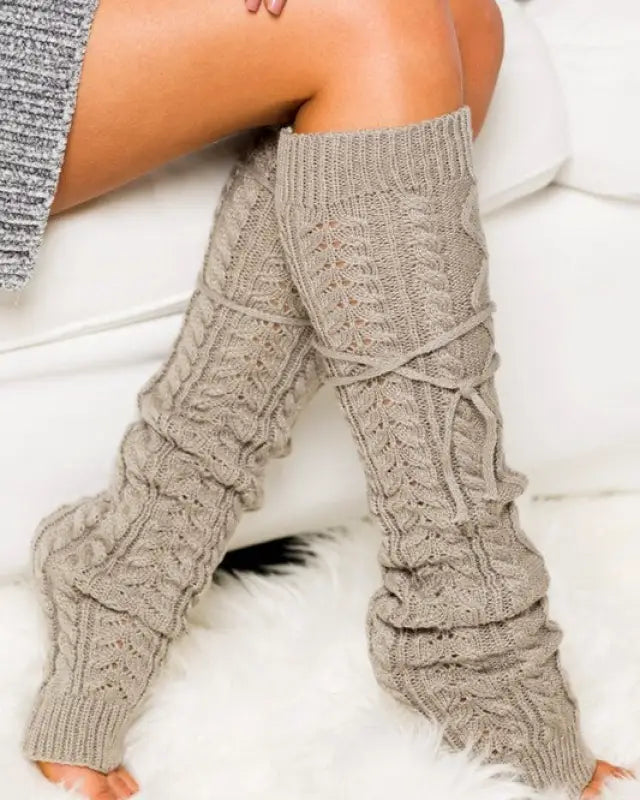 Cable Knit Long Tie Leg Warmer