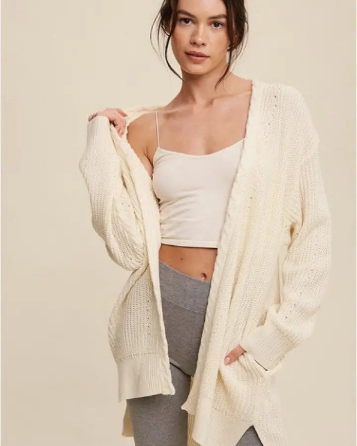 Cable Knit Open Front Long Cardigan