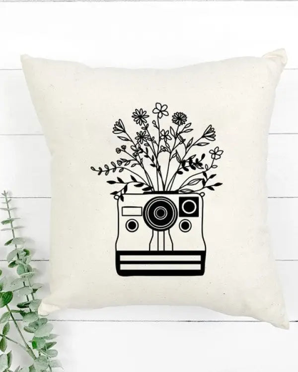 Camera And Wildflowers Pillow Cover - Natural / 18x18