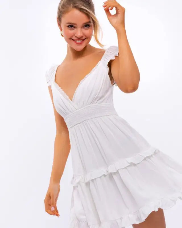 Cap Sleeve Ruffle Mini Dress - WHITE / S
