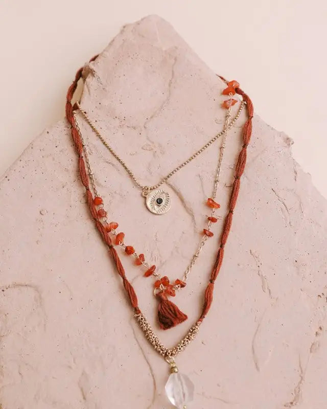 Carnelian & Crystal Drop Multi Layered Necklace