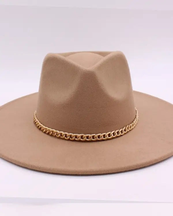 CHAIN BELT FEDORA HAT - Taupe/Gdlt / Os