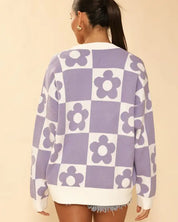 Checkered flower knit cardigan