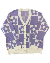 Checkered flower knit cardigan