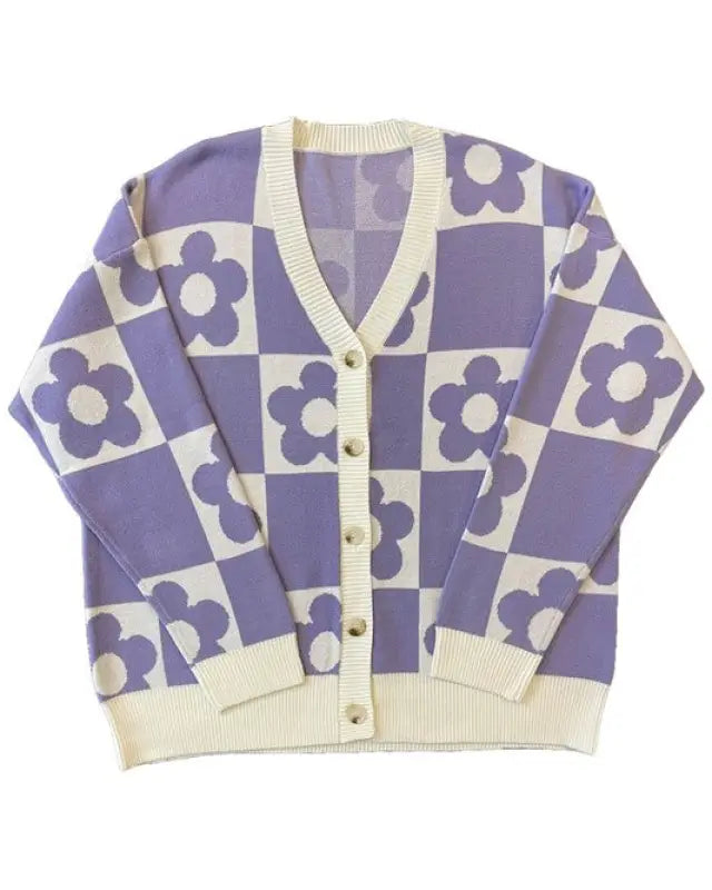 Checkered flower knit cardigan