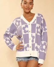 Checkered flower knit cardigan - PURPLE MULTI / S