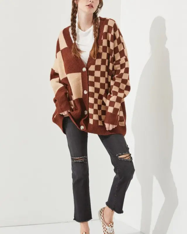 CHECKERED OVERSIZED SWEATER JJK5031P - MOCHA/BEIGE / ONESIZE