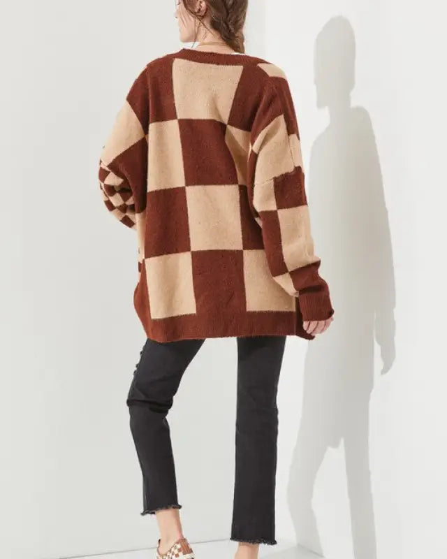 CHECKERED OVERSIZED SWEATER JJK5031P - MOCHA/BEIGE / ONESIZE