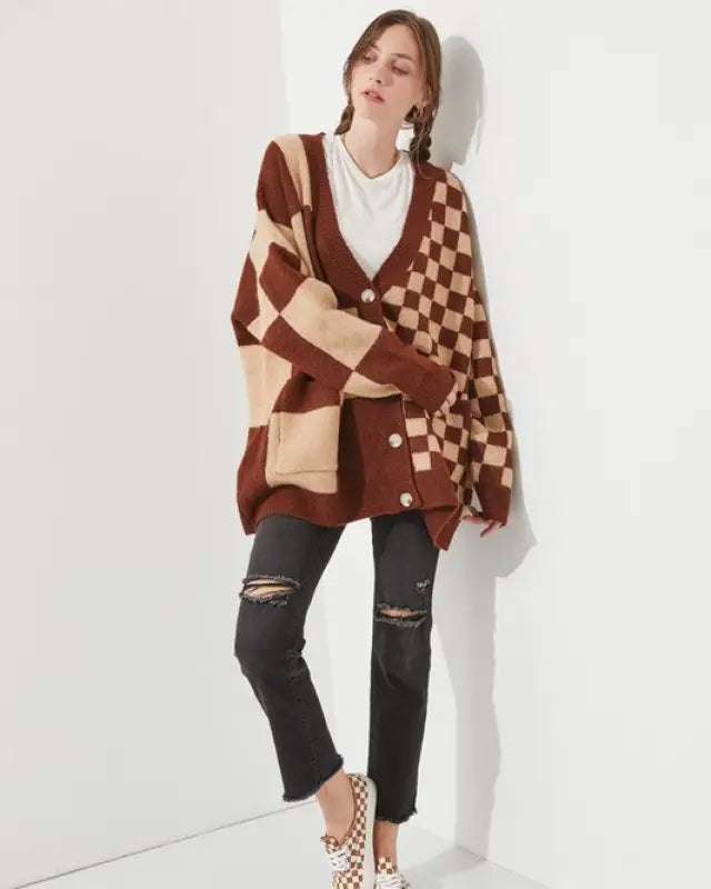 CHECKERED OVERSIZED SWEATER JJK5031P - MOCHA/BEIGE / ONESIZE