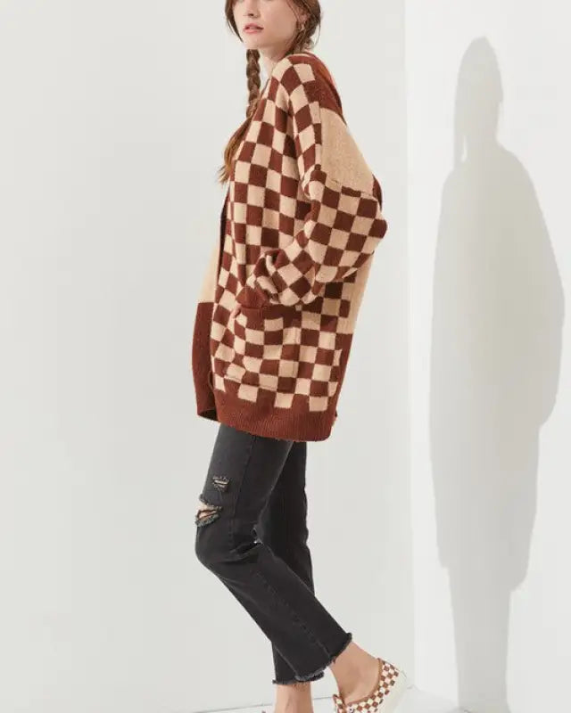 CHECKERED OVERSIZED SWEATER JJK5031P - MOCHA/BEIGE / ONESIZE