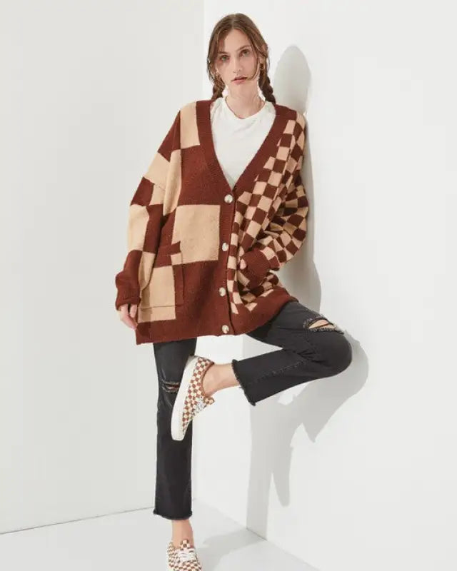 CHECKERED OVERSIZED SWEATER JJK5031P - MOCHA/BEIGE / ONESIZE