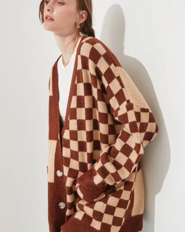 CHECKERED OVERSIZED SWEATER JJK5031P - MOCHA/BEIGE / ONESIZE