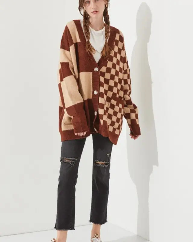 CHECKERED OVERSIZED SWEATER JJK5031P - MOCHA/BEIGE / ONESIZE