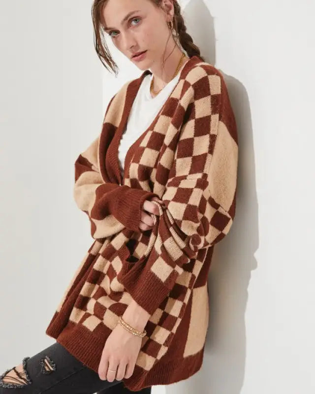 CHECKERED OVERSIZED SWEATER JJK5031P - MOCHA/BEIGE / ONESIZE