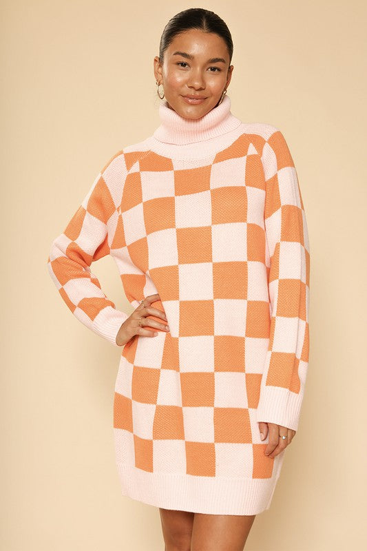 Checkered turtleneck sweater dress - ORANGE MULTI / S Dresses